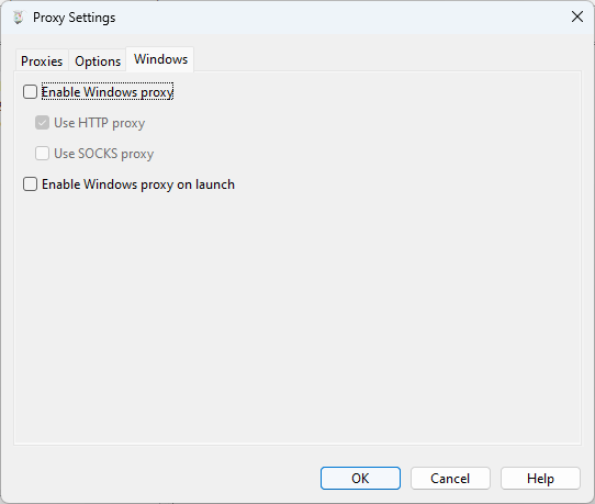 Under the Windows tab of the Proxy Settings dialog, disable "Enable Windows proxy" and "Enable Windows proxy on launch".